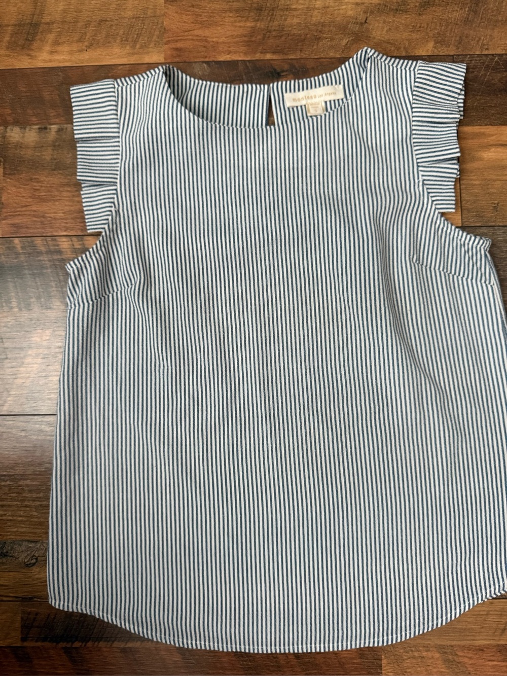 Monteau Blue and White Striped Ruffle Sleeve blouse